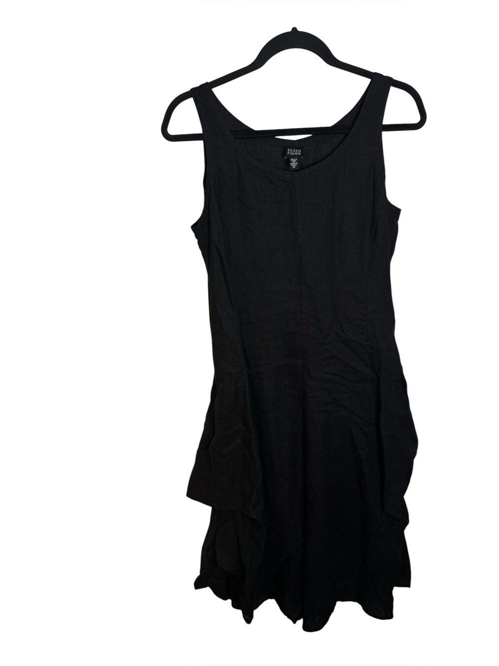 Eileen Fisher Black Irish Linen Gathered Hem Midi Dress